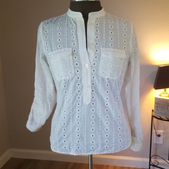 LOFT Tops - LOFT White Eyelet Embroidered Banded Collar Top